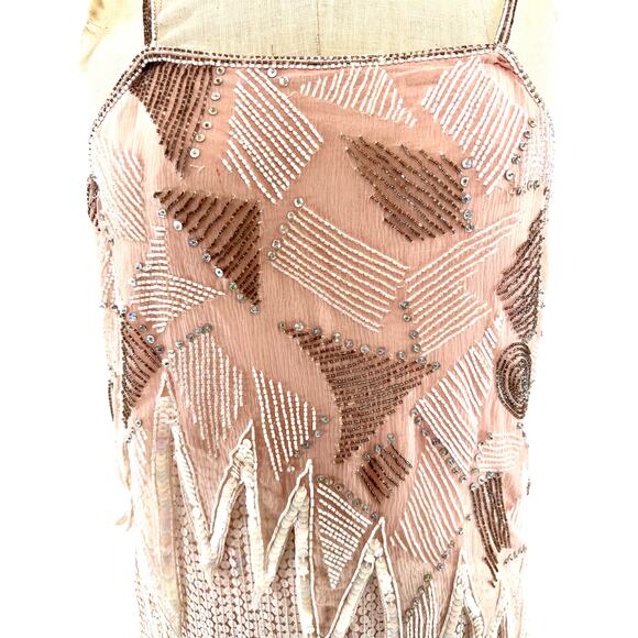 Vtg 80s Sequin Beaded Flapper 20s Art Deco Fringe Glam Gatsby Gown Dress Sz M - Picture 4 of 10